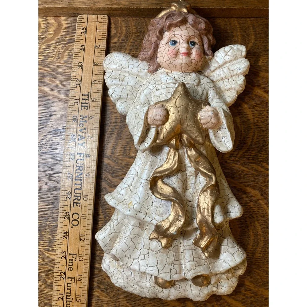 Vintage Style Crackle Finish Angel Wall Plaque Gold Star Cherub Decor 15 Inch